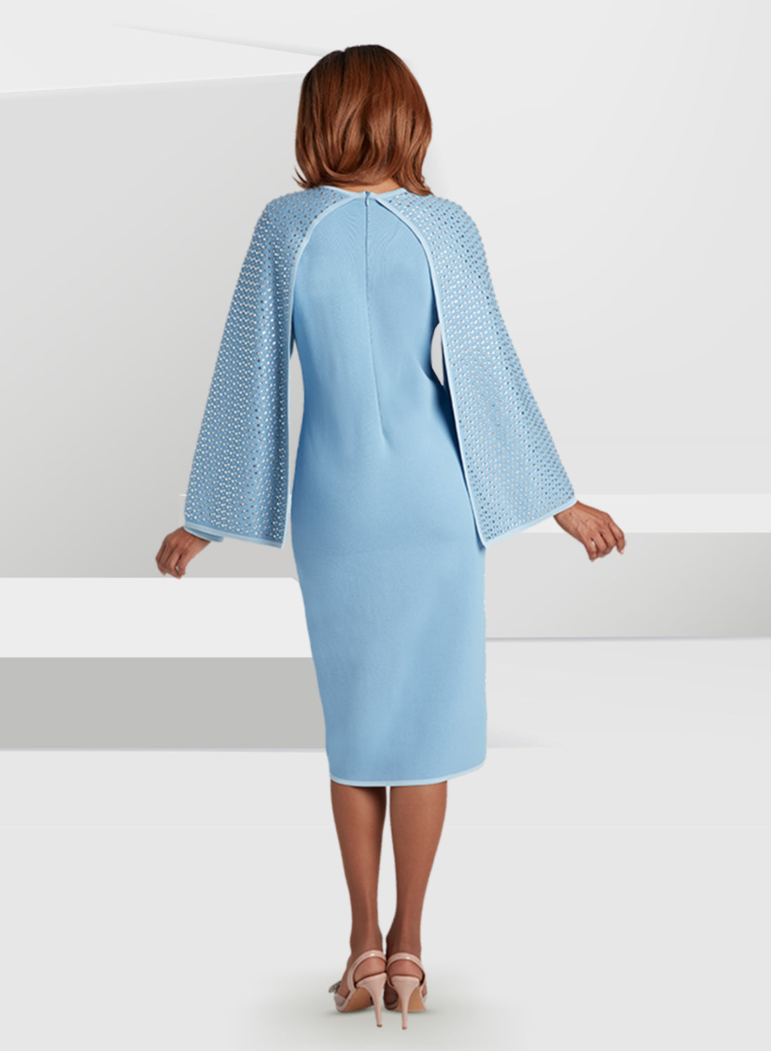Donna Vinci 13402 - Sky Blue - Knit Cape Sleeve Rhinestone Dress