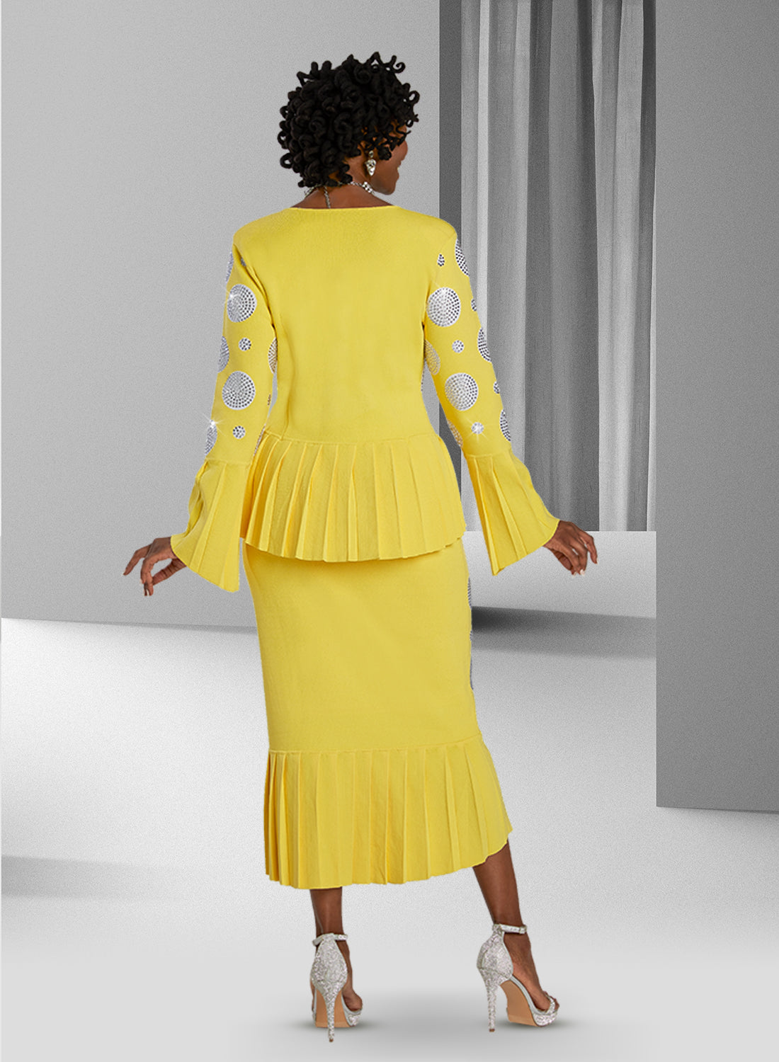 Donna Vinci 13407 - Yellow - Pleated Zip Up Knit Skirt Suit with Rhinestones