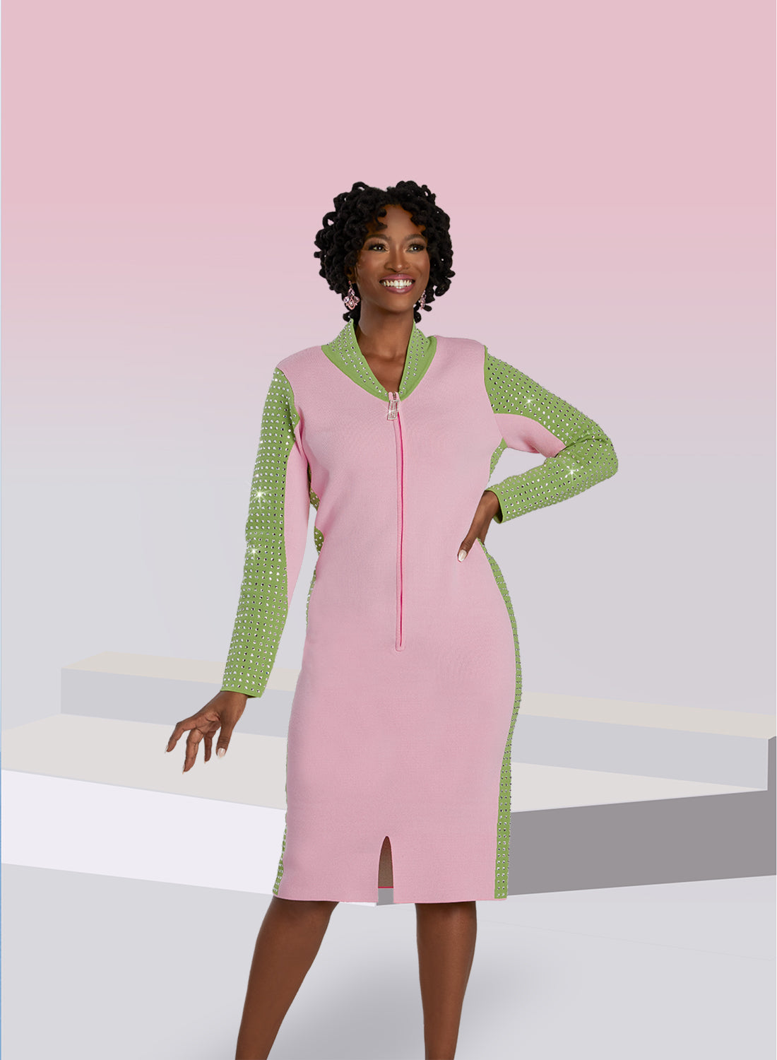 Donna Vinci 13411 - Pink Lime - 2 Tone Zip Up Knit Dress with Rhinestones