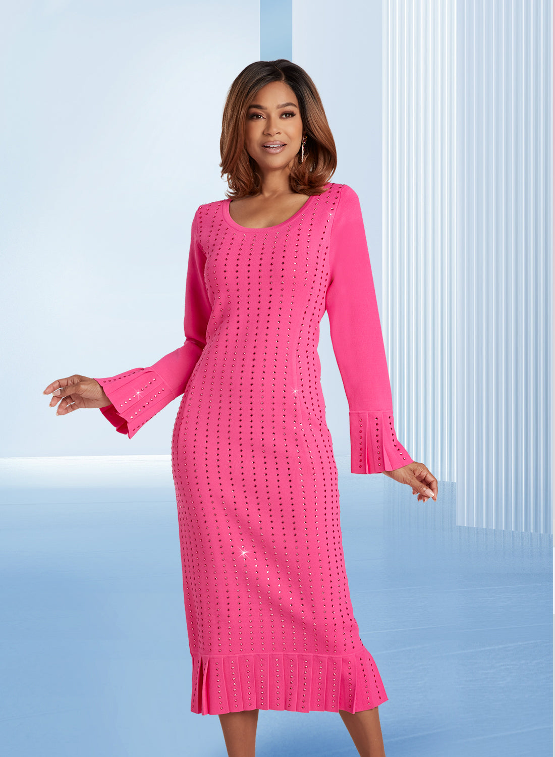 Donna Vinci 13415 - Hot Pink - Rhinestone Knit Dress