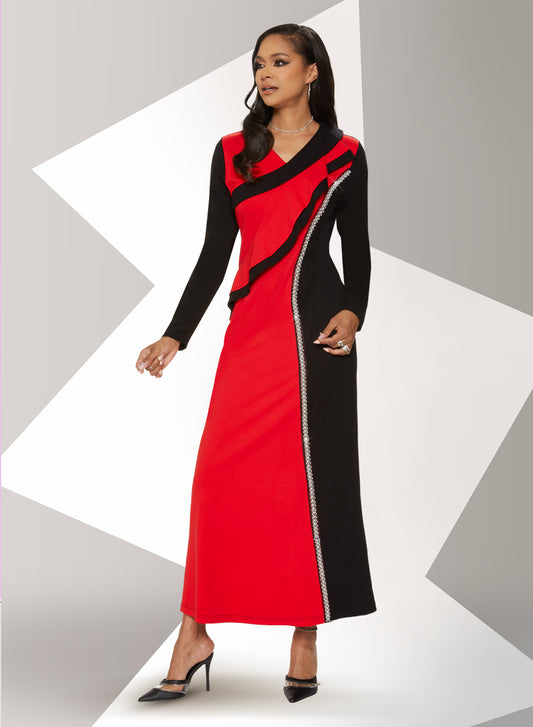 Love The Queen - 17486 - Rhinestone Trim Two-tone Stretch Crepe Dress