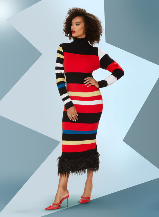 LTQ Knits - 17512 - Stripe Print Knit Feather Trim Dress