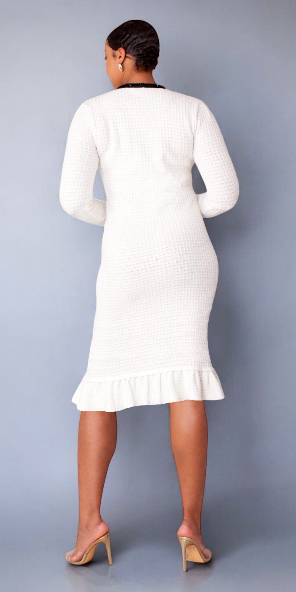 Kayla Knit 51000 - White - Textured Knit Dress with Ruffle Hem