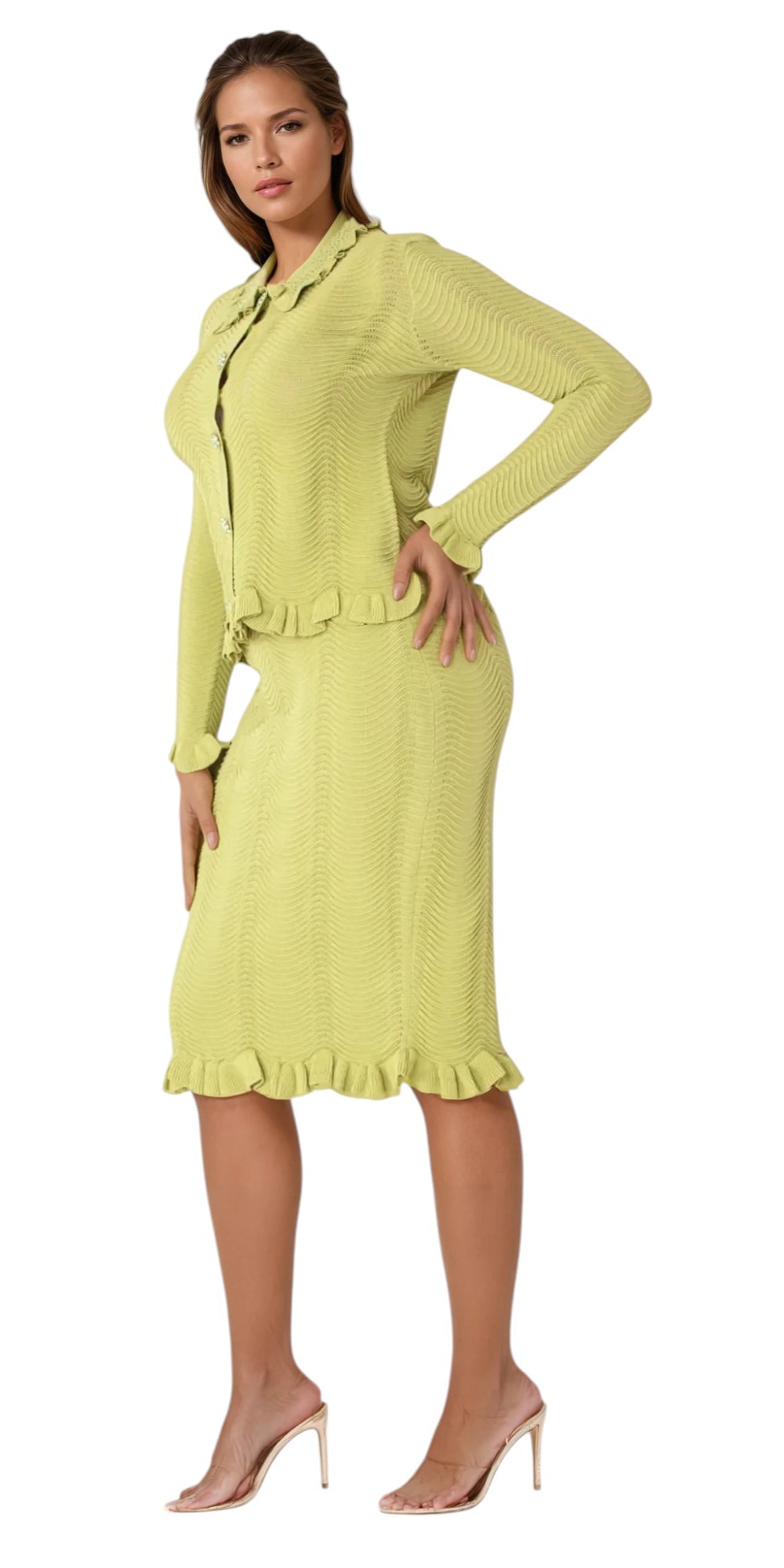 Kayla Knit 5359 - Celery - 2 pc Textured Set with Ruffle Accents