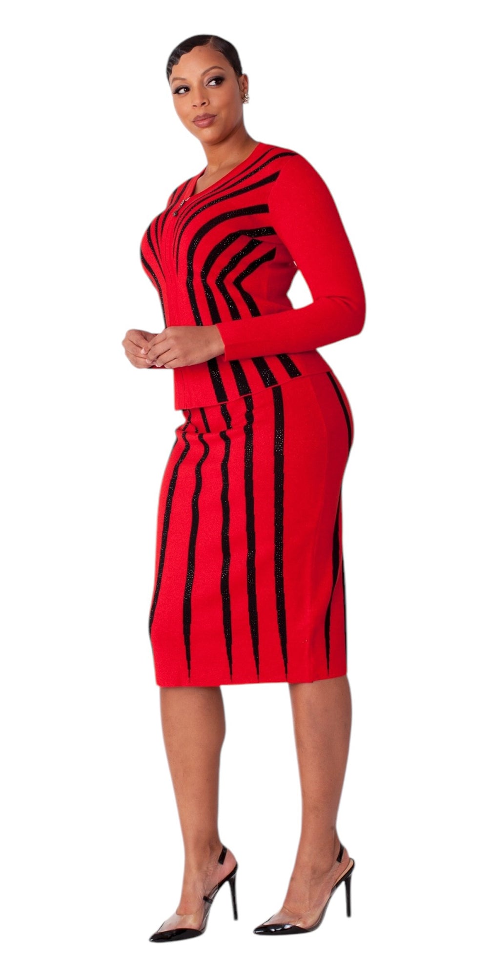 Kayla Knits 5361 - Red Black - 2 pc Skirt Suit