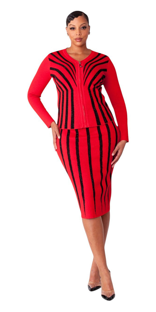 Kayla Knits 5361 - Red Black - 2 pc Skirt Suit