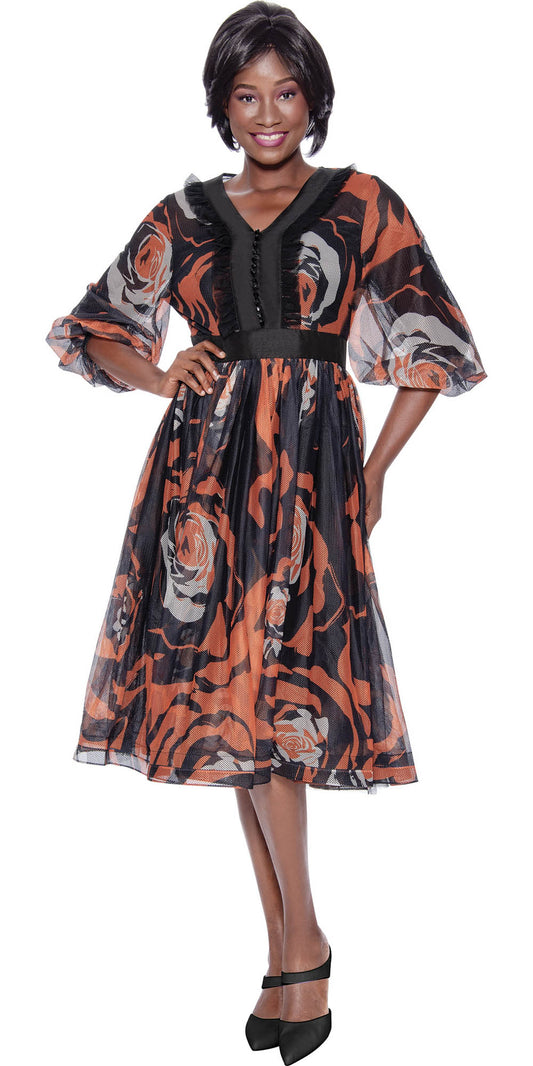 Terramina 7144 - Print - Midi Length Dress with Puff Sleeves