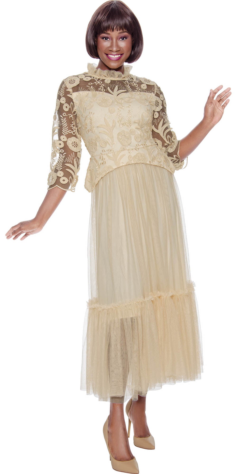 Terramina 7146 - Champagne - Sheer Overlay Lace Dress