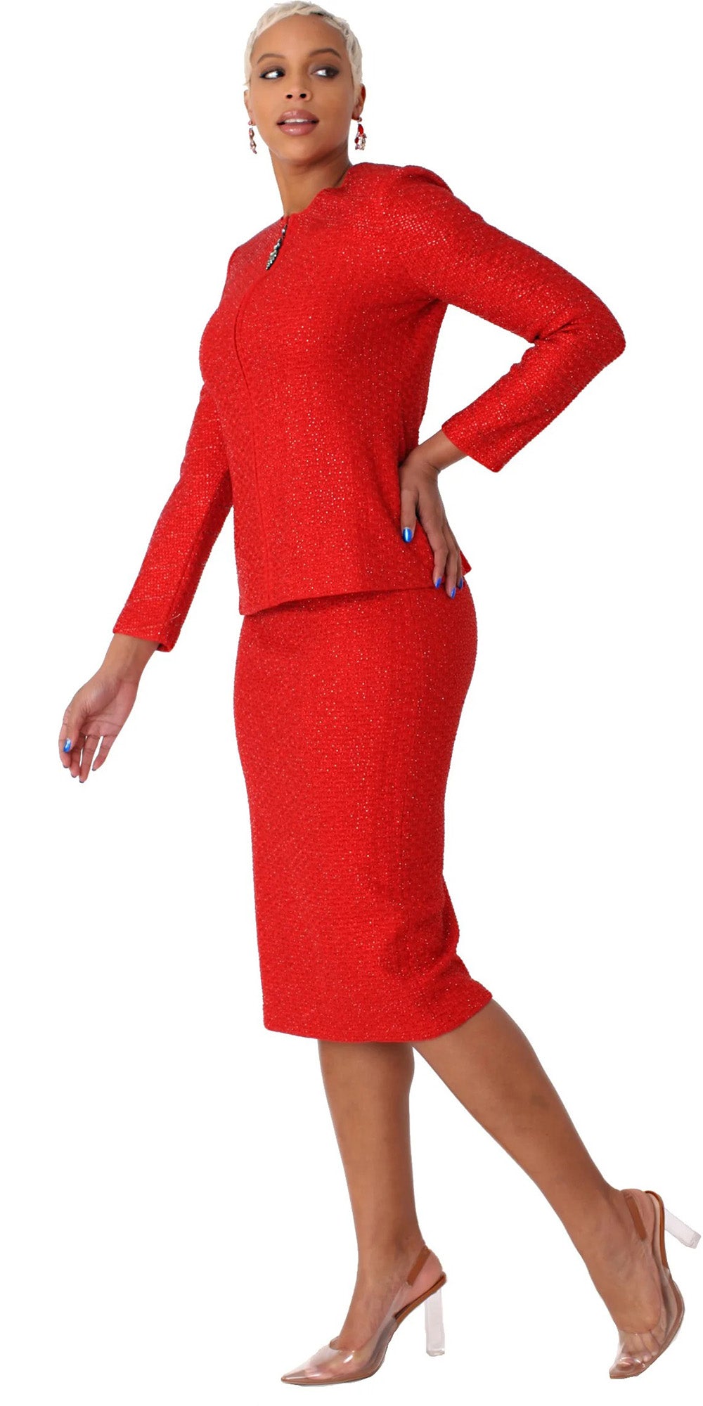 Liorah Knits 7302 - Red - 2 PC Embellished Knit Skirt Suit