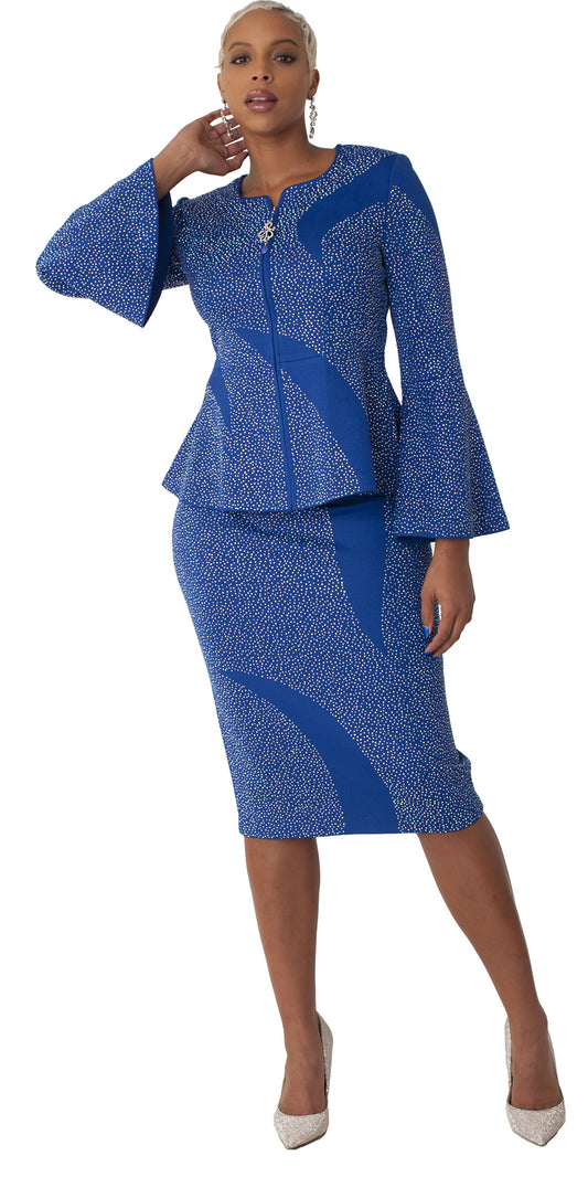 Liorah Knits 7303 - Royal - 2 PC Rhinestone Embellished Knit Skirt Suit