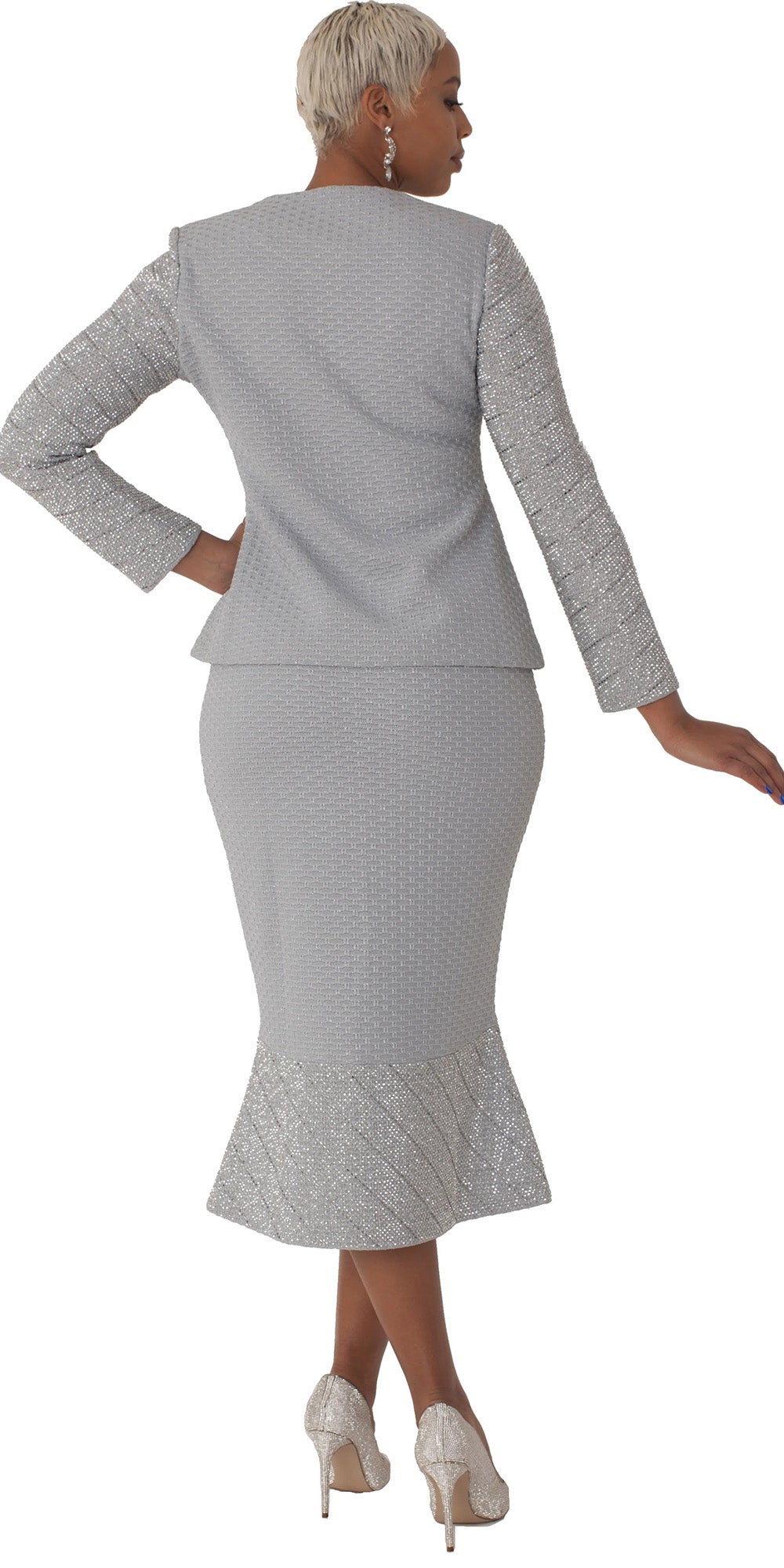 Liorah Knits 7304 - Silver - 2 PC Rhinestone Embellished Knit Skirt Suit
