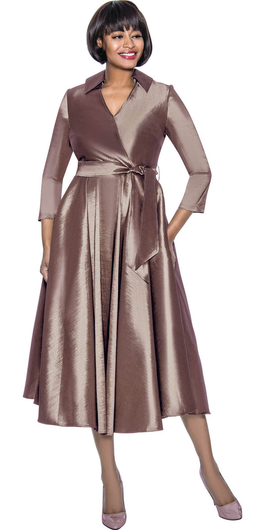 Terramina - 7869 - Champagne - Silk Look Dress With Sash Belt