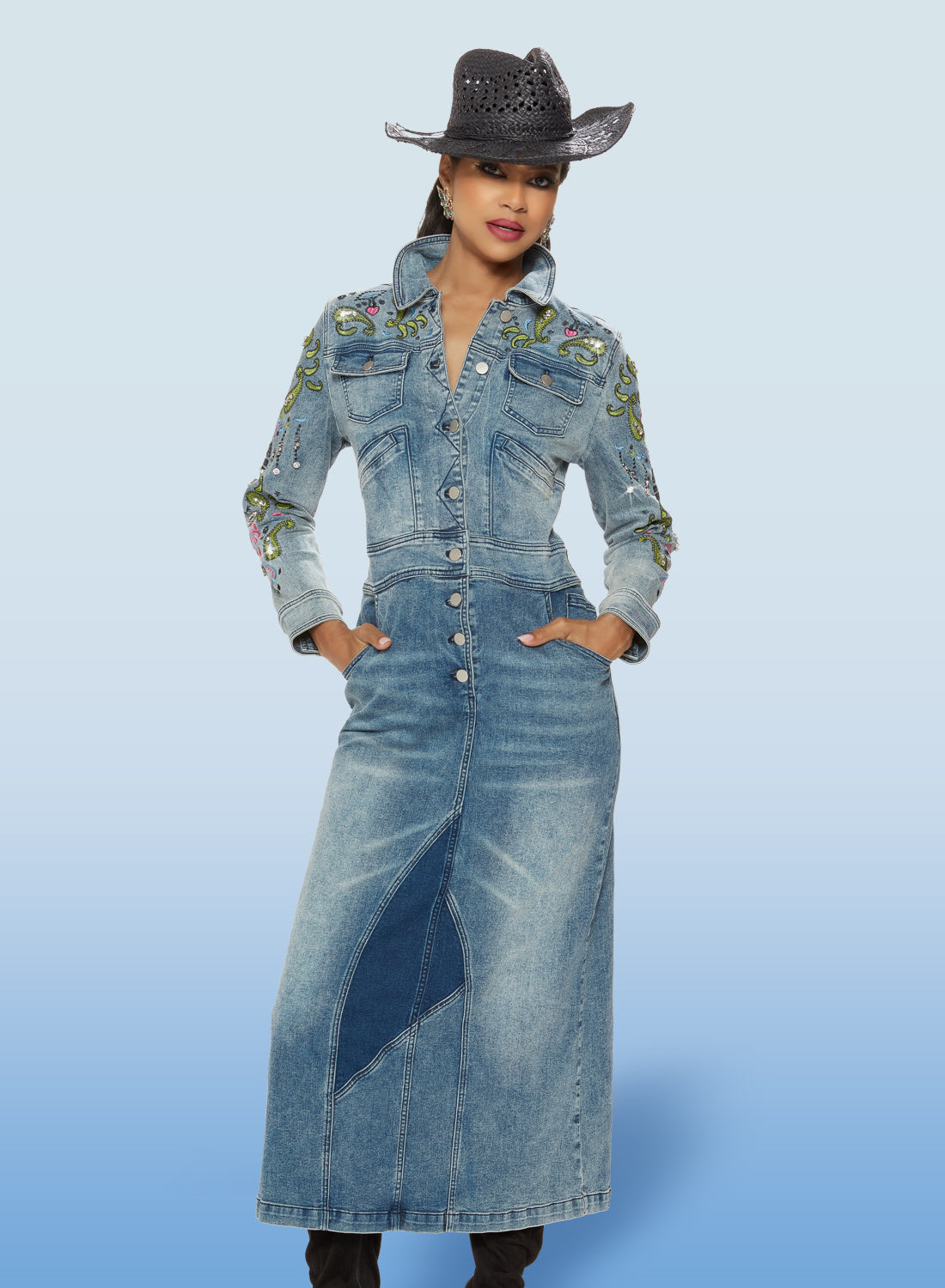 DV Jeans - 8476 - Light Blue Stretch Denim Embroidered Trim Dress
