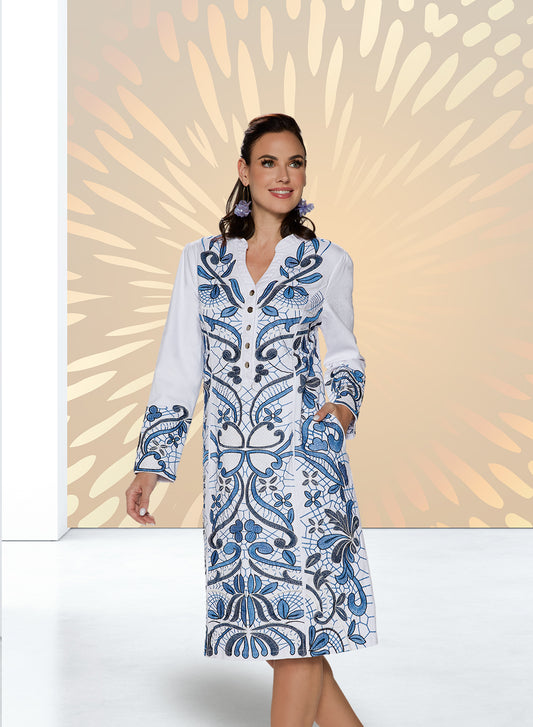 DV Jeans 8489 - White Blue - Denim Embroidered Button Up Dress