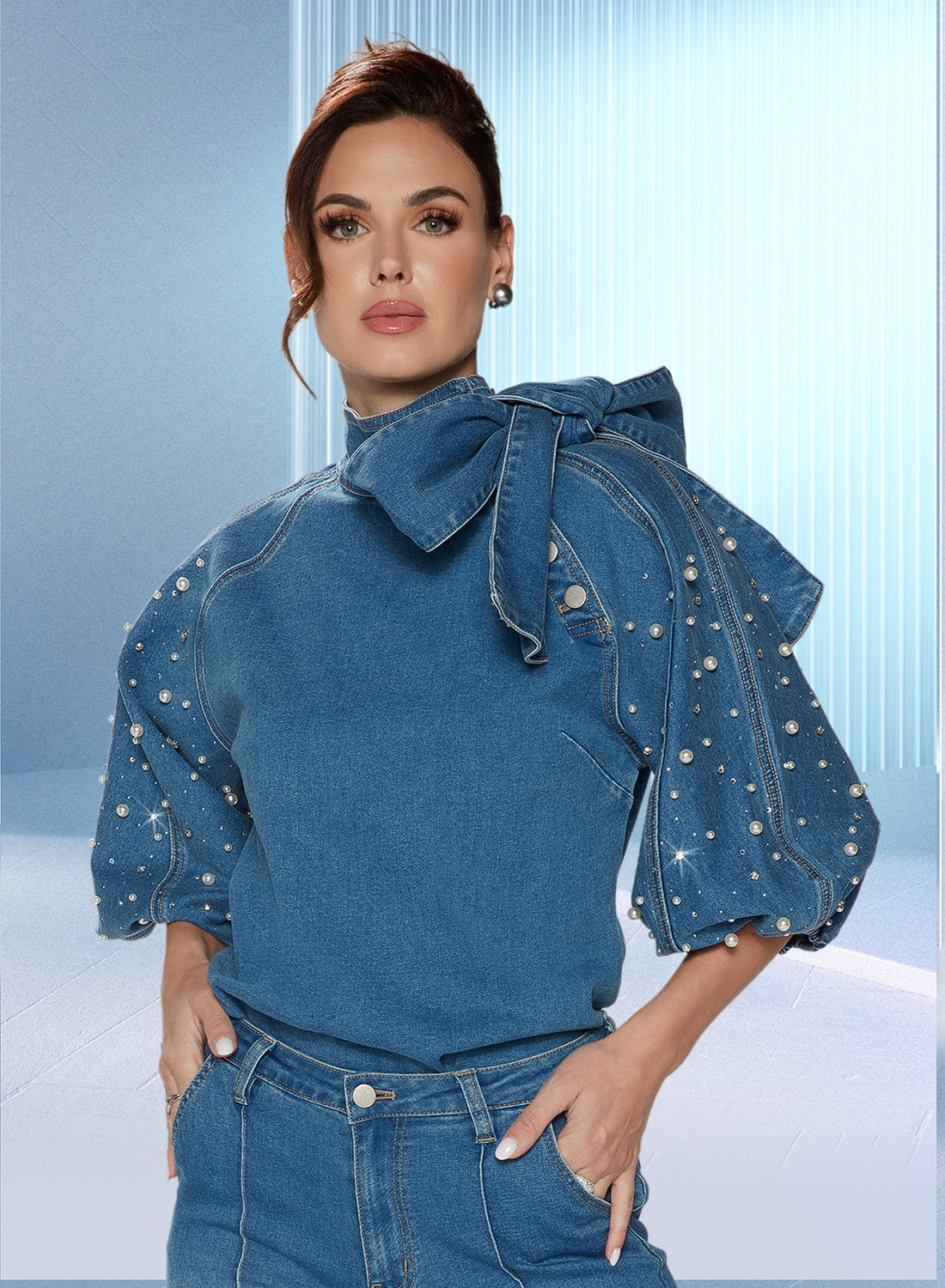 DV Jeans 8490T Blue - Denim Pearl & Rhinetone Embellished Top
