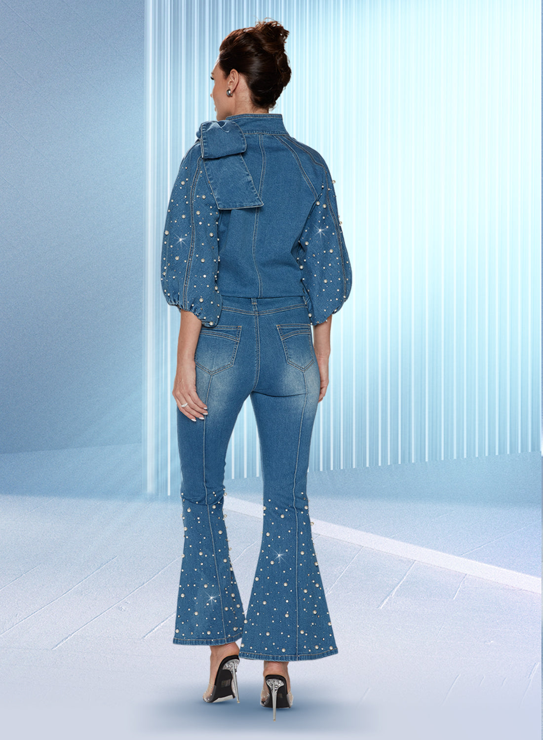 DV Jeans 8490T Blue - Denim Pearl & Rhinetone Embellished Top