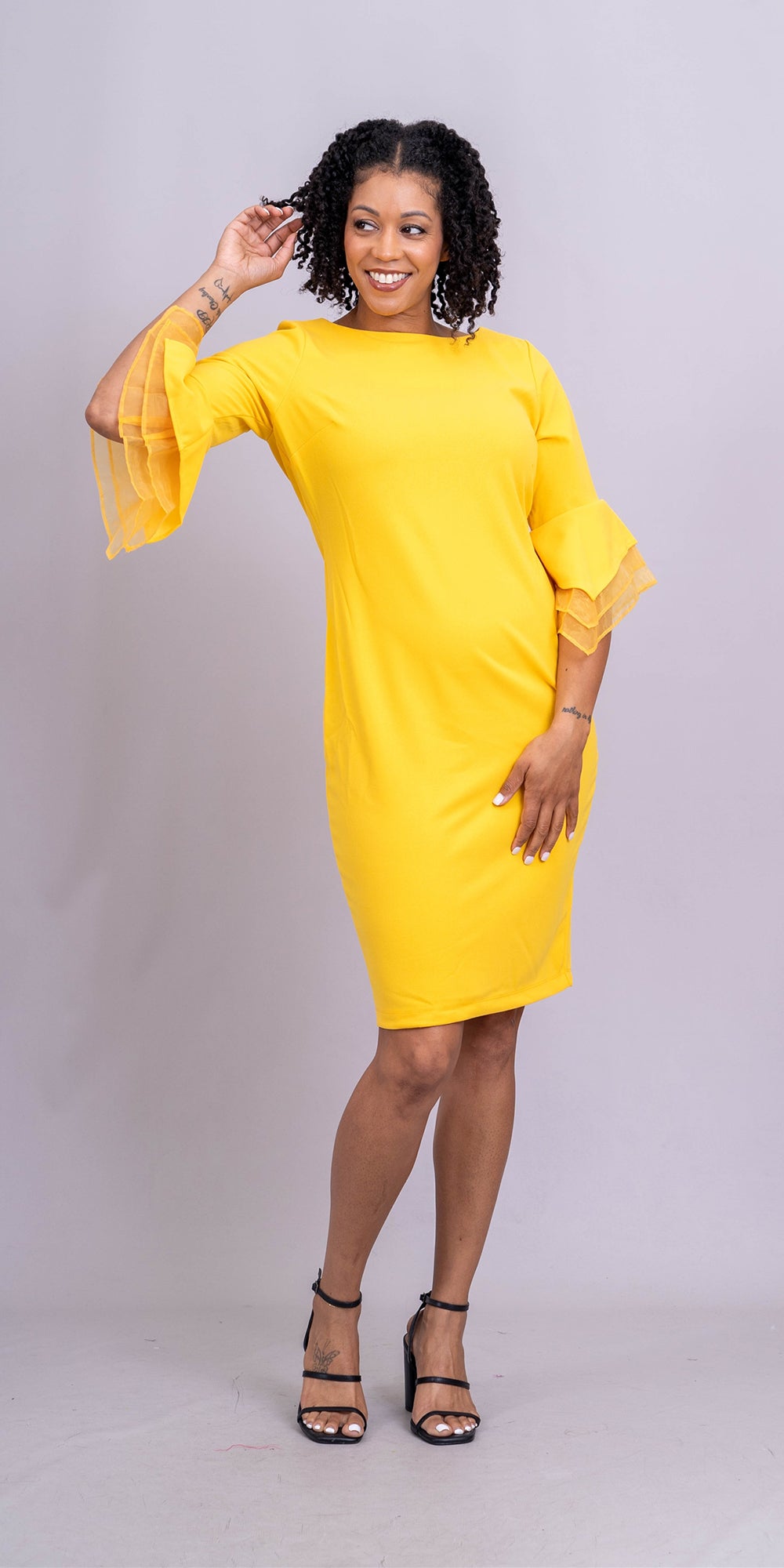 Allen Kay MSCD2672 - Lemon - Scuba Crepe Bell Sleeve Dress