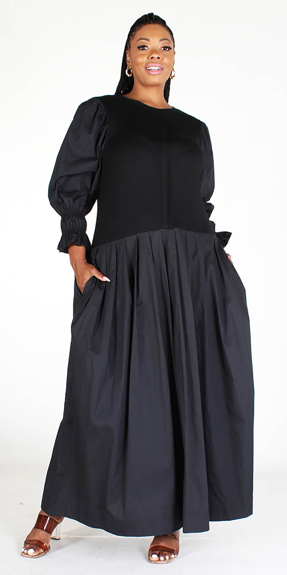 Callimoda EI1896 - Black - Dropwaist Knit and Woven Maxi Dress