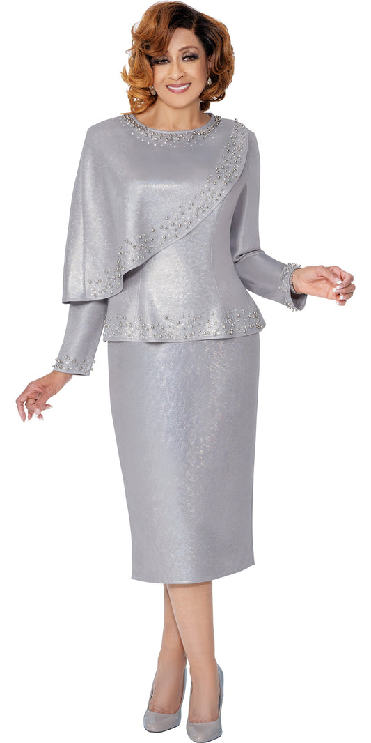 Dorinda Clark Cole 309802- Silver - Metallic Coated Knit Skirt Suit