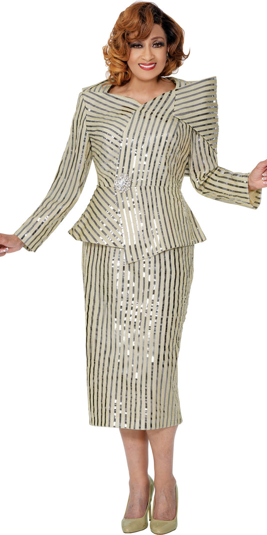 Dorinda Clark Cole 309942 - Champagne Silver - Metallic Stripe Skirt Suit