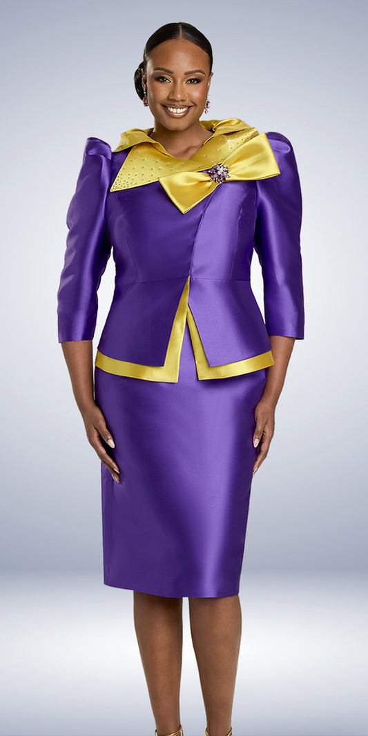 Donna Vinci 12156 - Purple Mustard - Silk Rhinestone Trim Skirt Suit