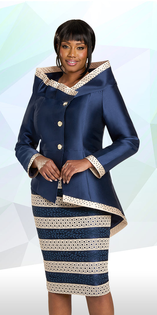 Donna Vinci 12157 - Navy Tan - Silk Skirt Suit