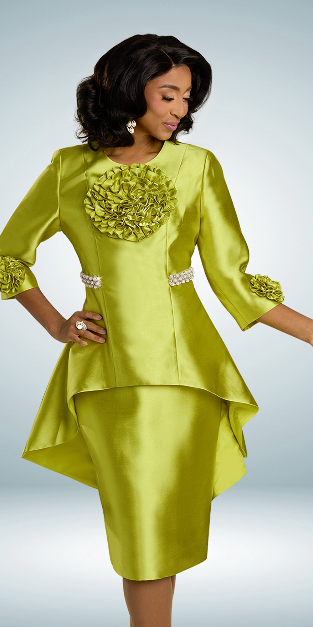 Donna Vinci 12158 - Lime - Silk Flower and Pearl Skirt Suit