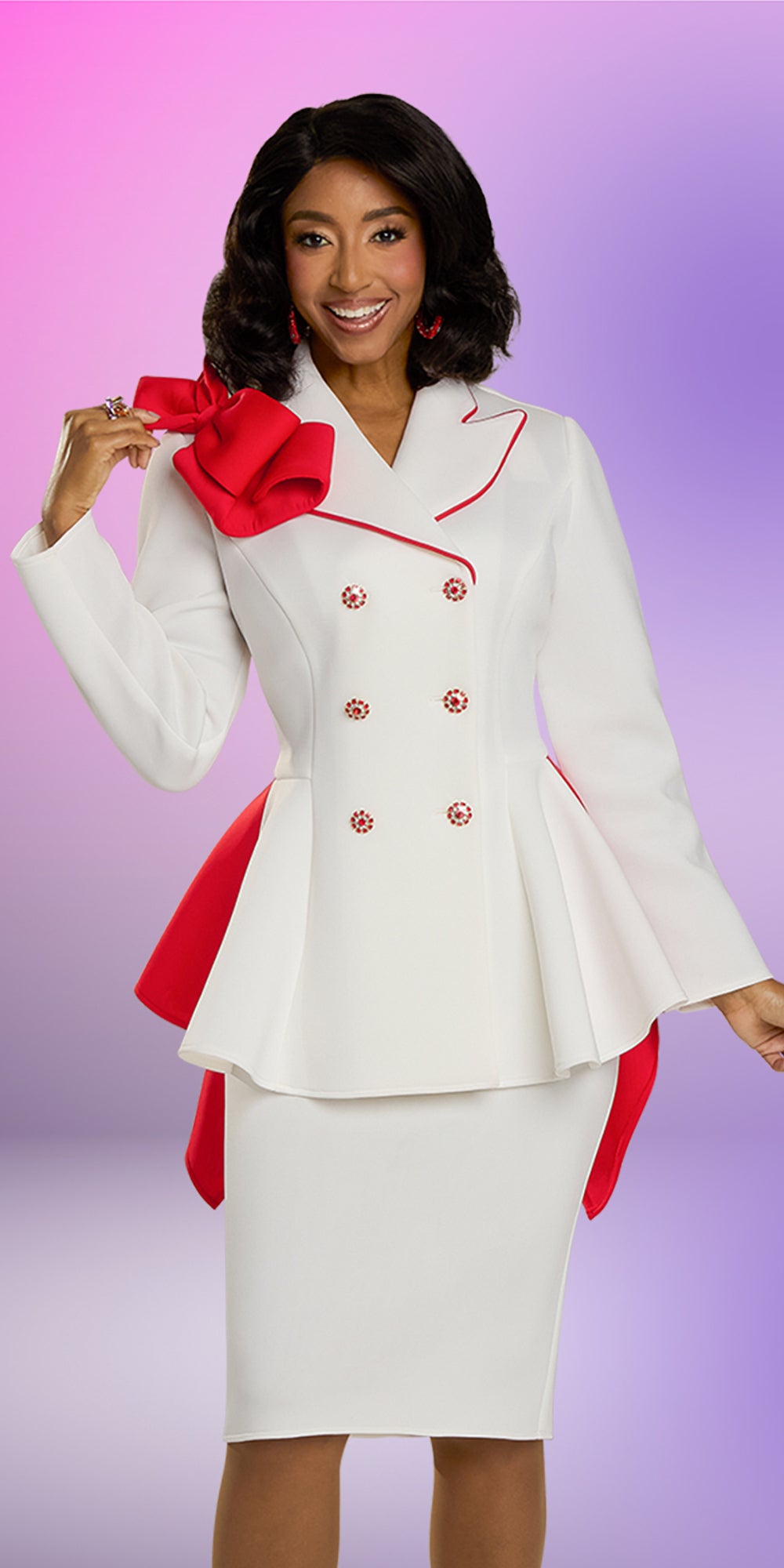 Donna Vinci 12160 - Off White Red - Piping Skirt Suit