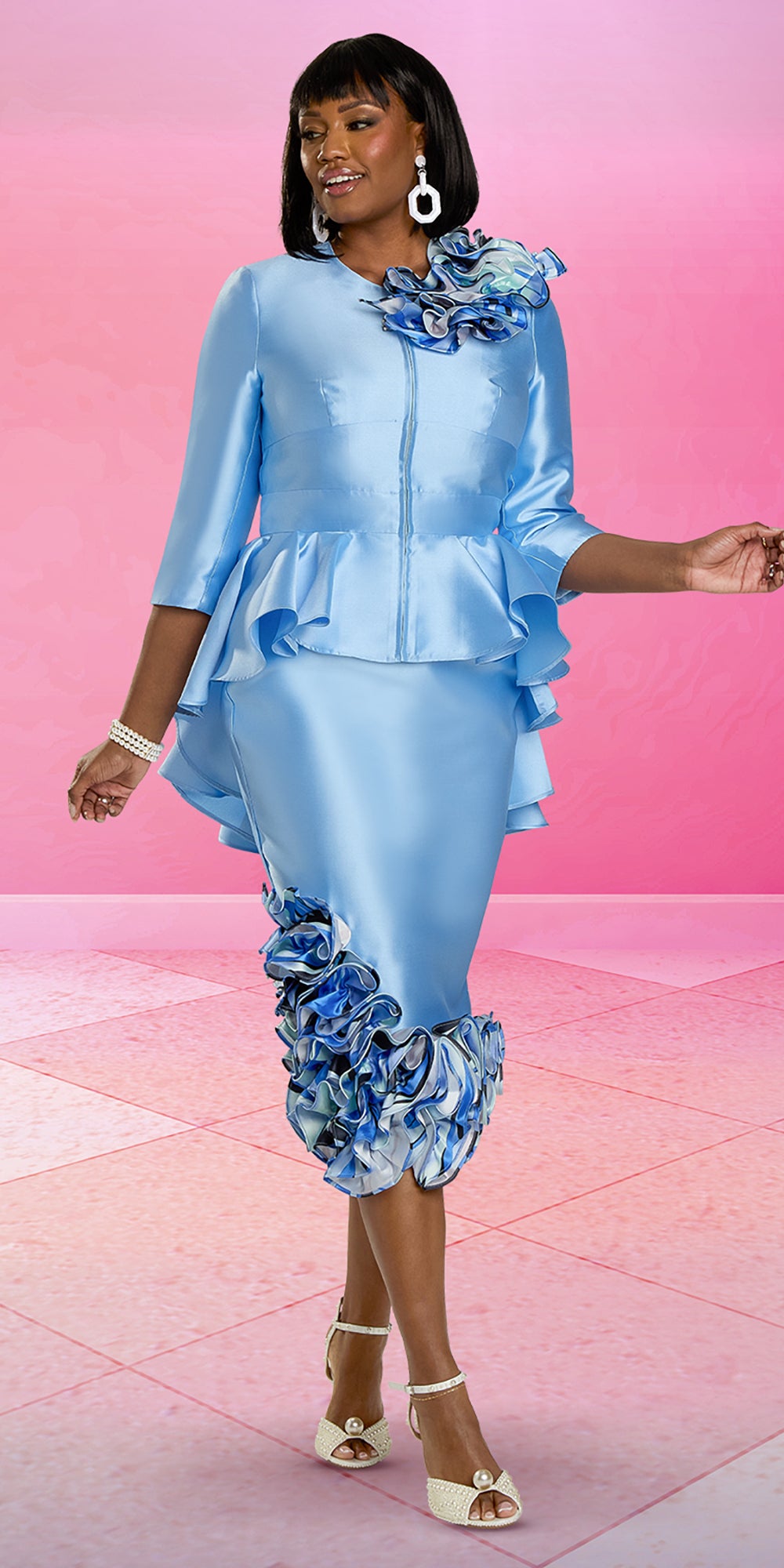 Donna Vinci 12164 - Sky Blue - Silk Ruffle Skirt Suit