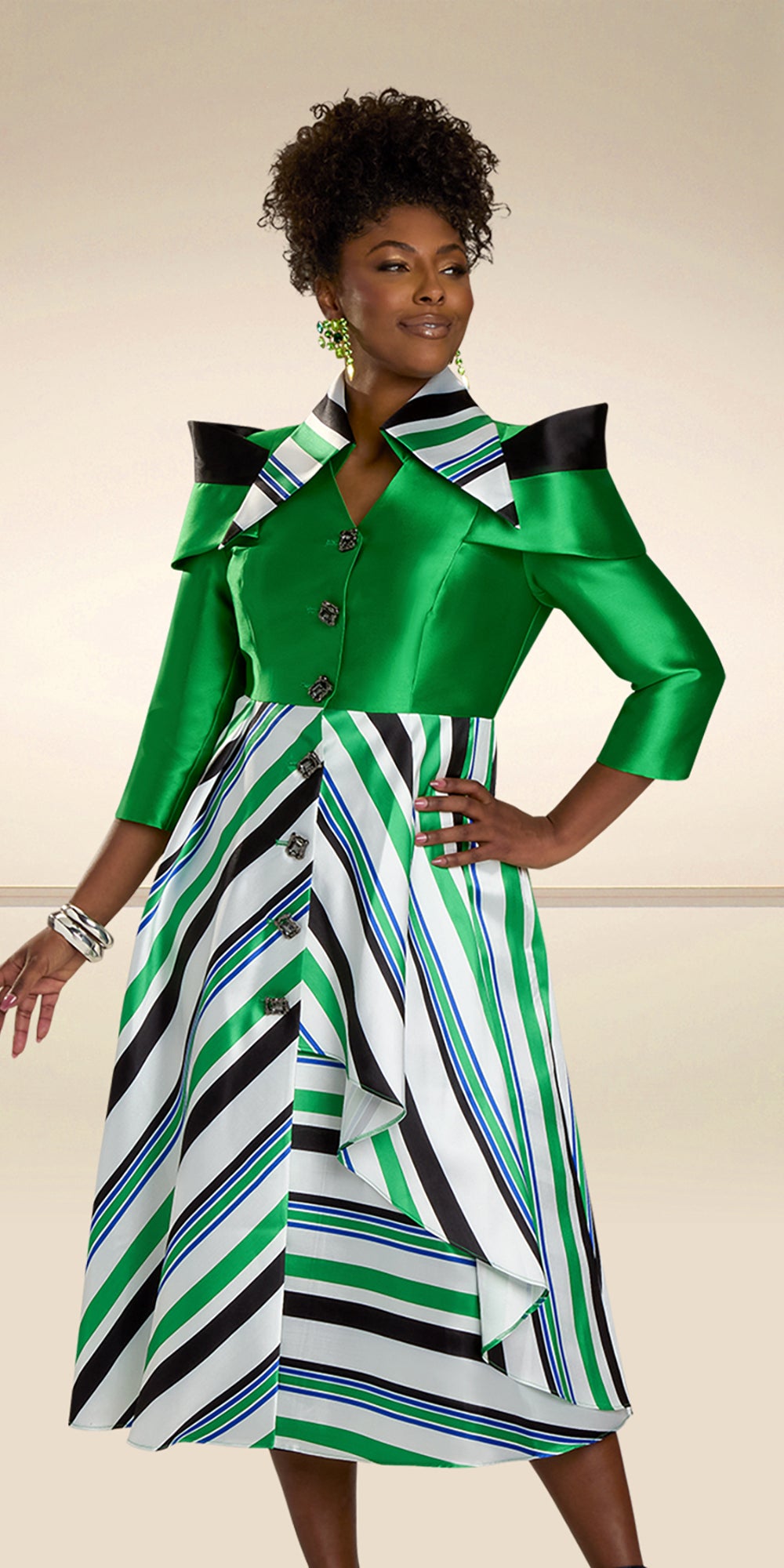 Donna Vinci 12171- Green Multi - Solid and Stripe Silk Dress