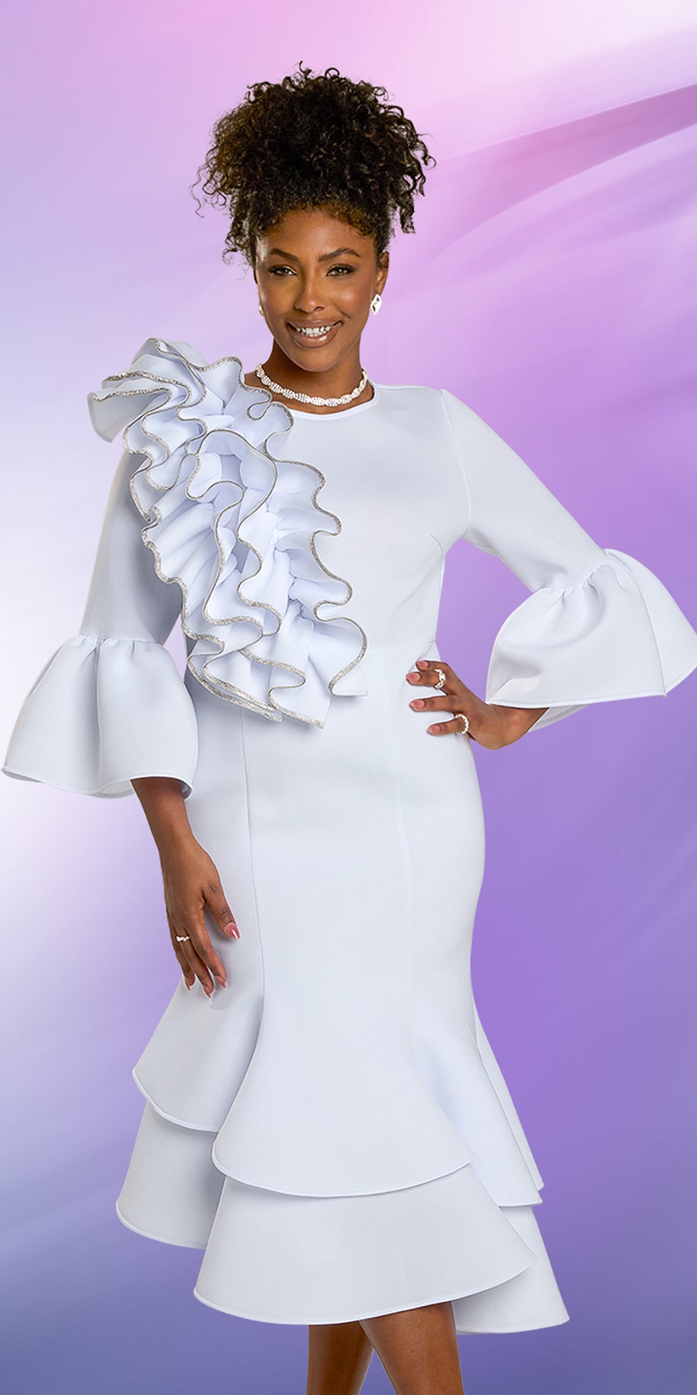 Donna Vinci 12176 - White - Ruffle Detail Rhinestone Dress