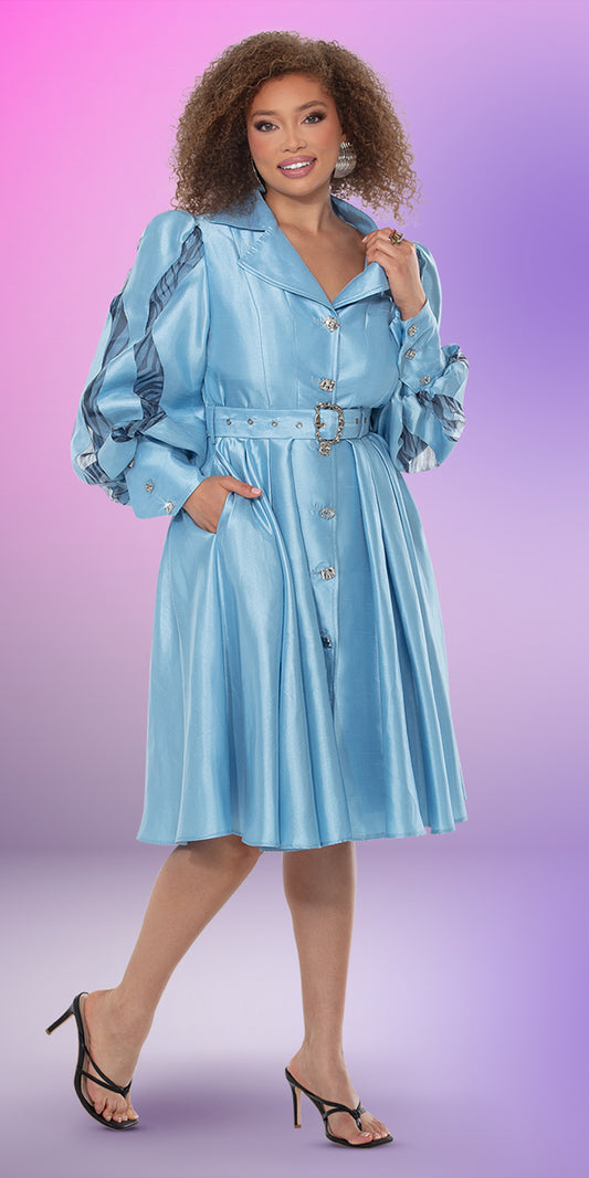 Donna Vinci 12179 - Sky Blue - Organza Belted Fabric Dress