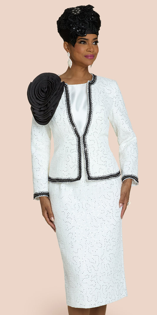 Donna Vinci 12218 - White Black - 3 pc Rhinestone Trim Jacket Skirt Set