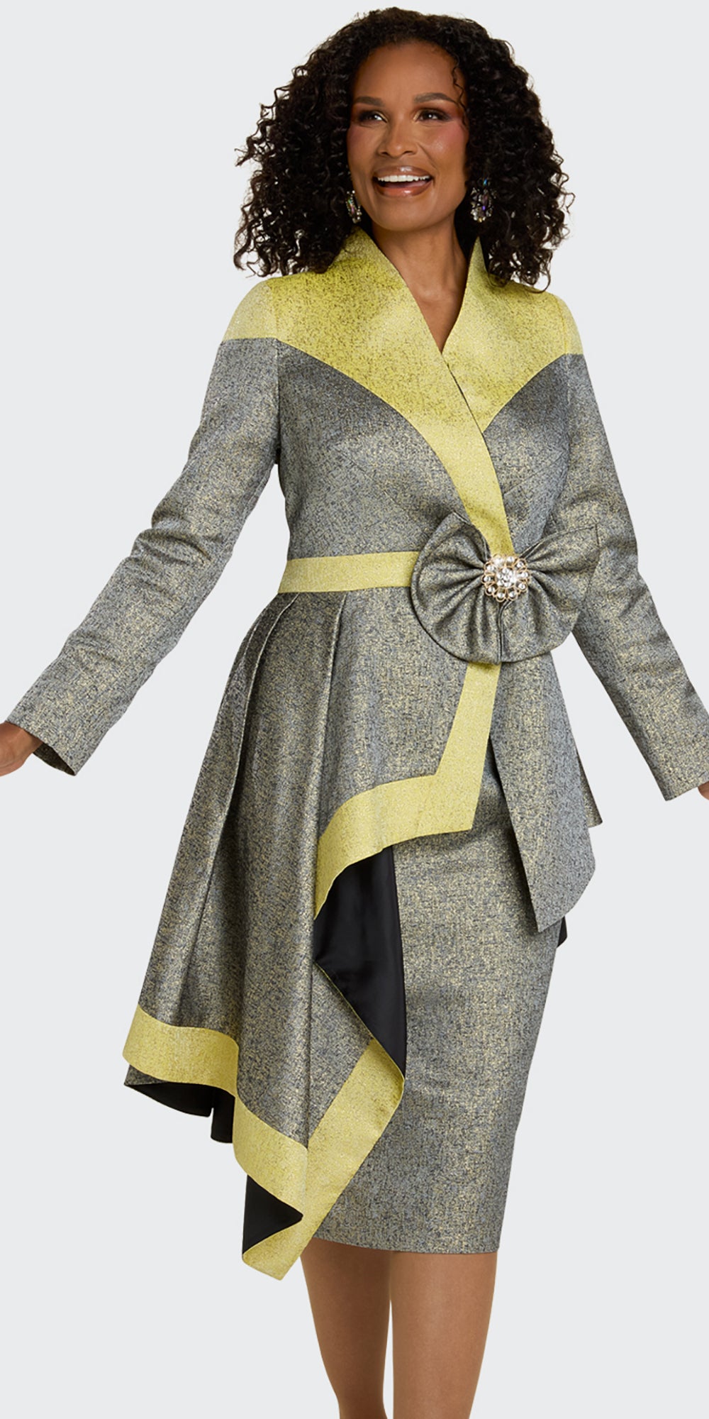 Donna Vinci 12226 - Grey Yellow - 2 pc Metallic Jacket Skirt Set