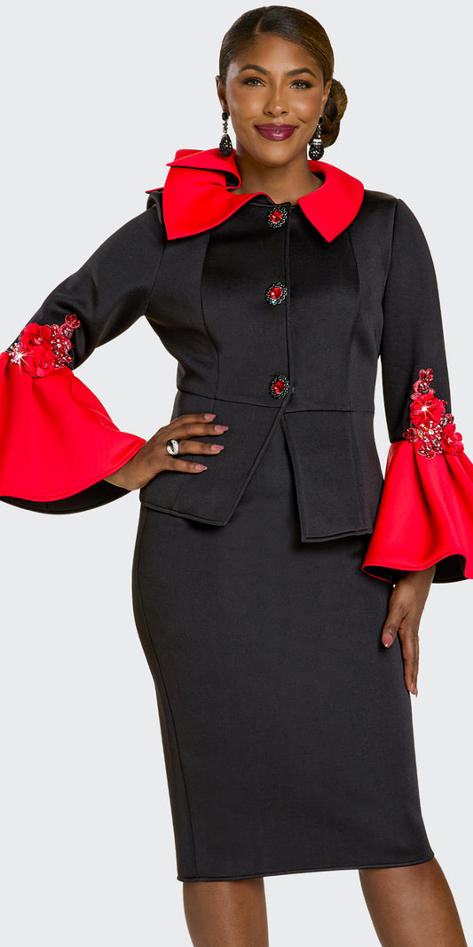 Donna Vinci 12233 - Black Red - Embellished Stone Trim Skirt Suit
