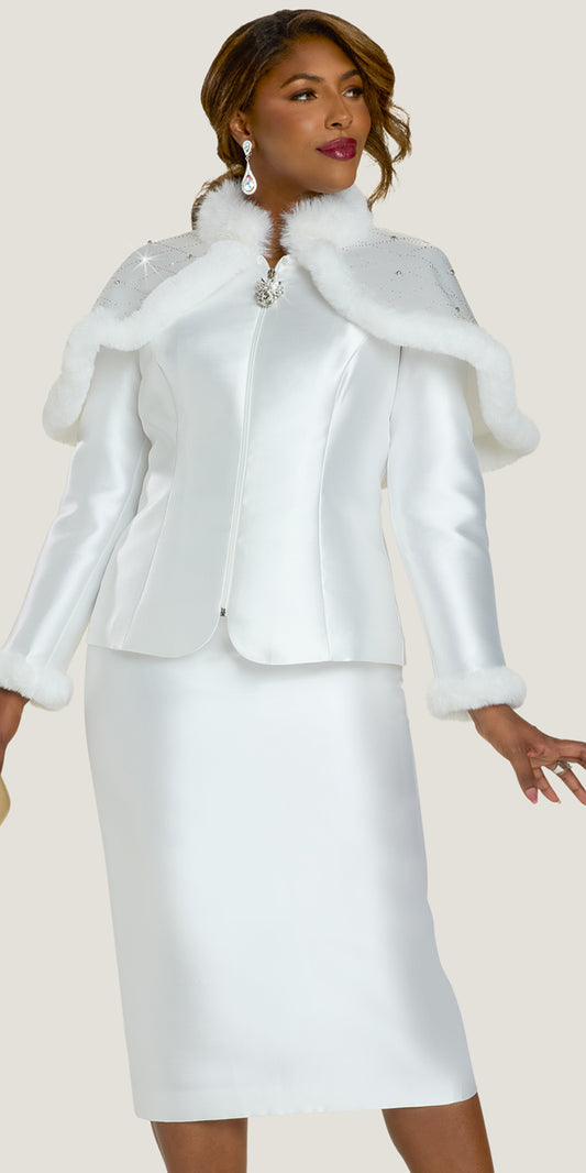 Donna Vinci 12240 - Off-White - 2 pc Faux Fur Jacket Skirt Set