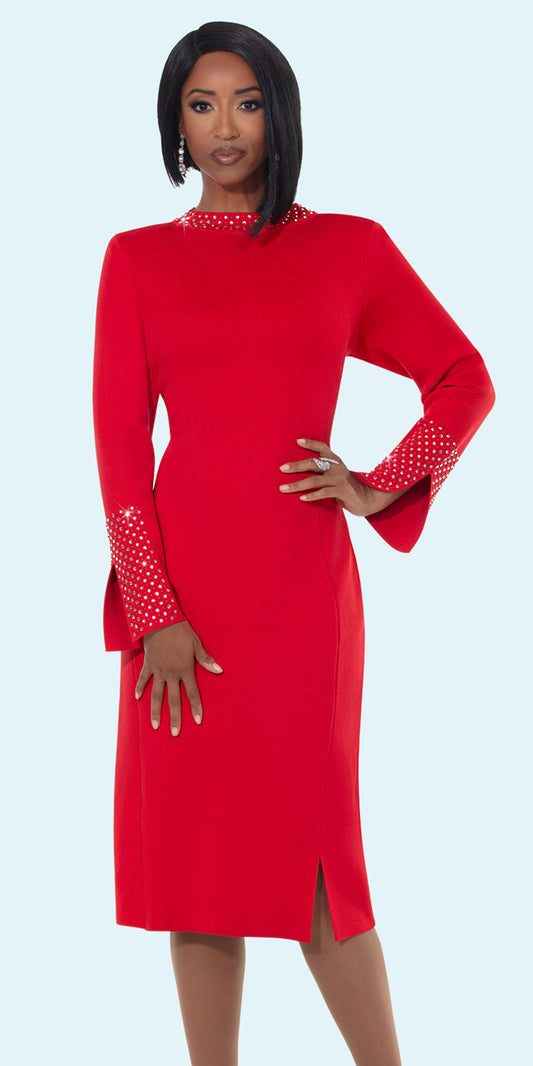 Donna Vinci 13437 - Red - Rhinestone Knit Dress
