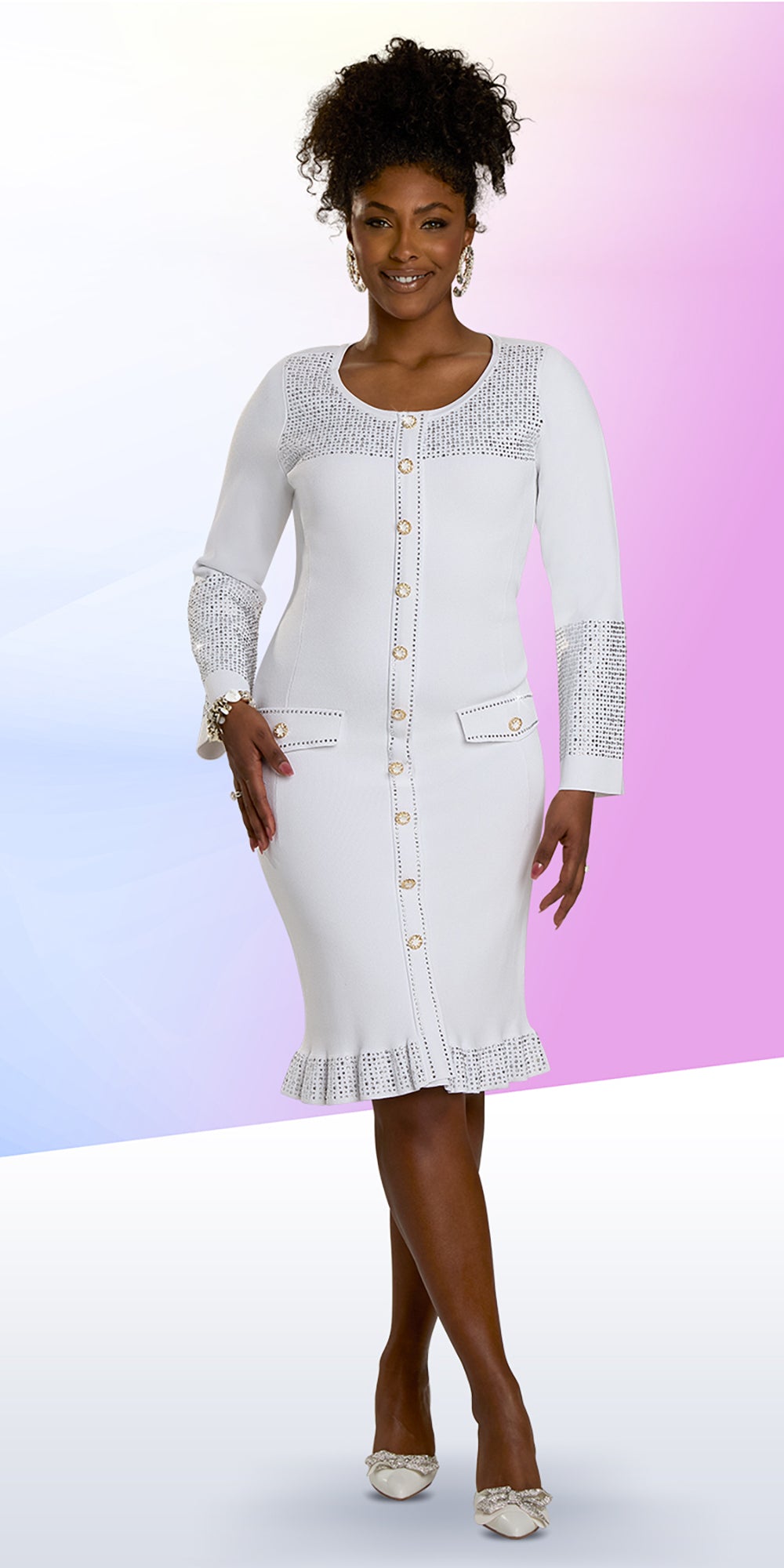 Donna Vinci 13440 - White - Ruffle Rhinestone Trim Knit Dress