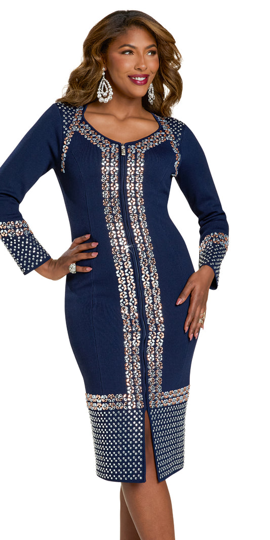 Donna Vinci 13449 - Navy - Rhinestone Rose Gold Dress