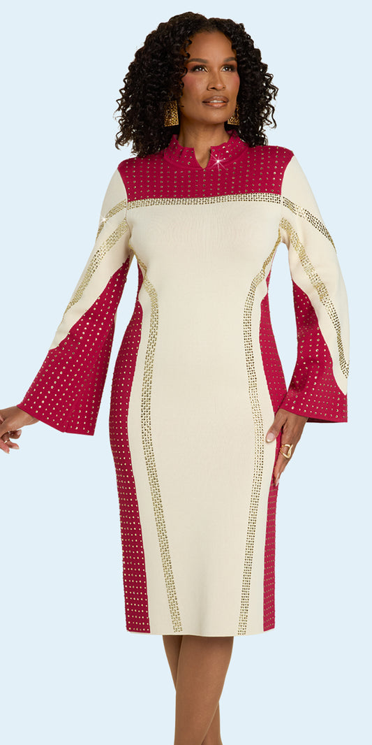 Donna Vinci 13450 - Tan Raspberry - Rhinestone Trim Knit Dress
