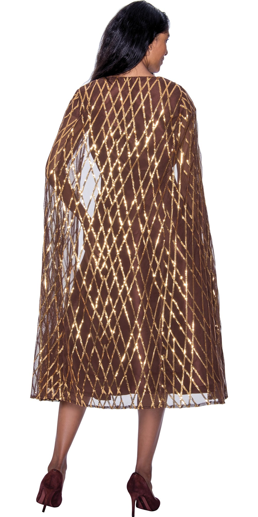 Dorinda Clark Cole 309261 - Brown - Embellished Cape Dress with Belt