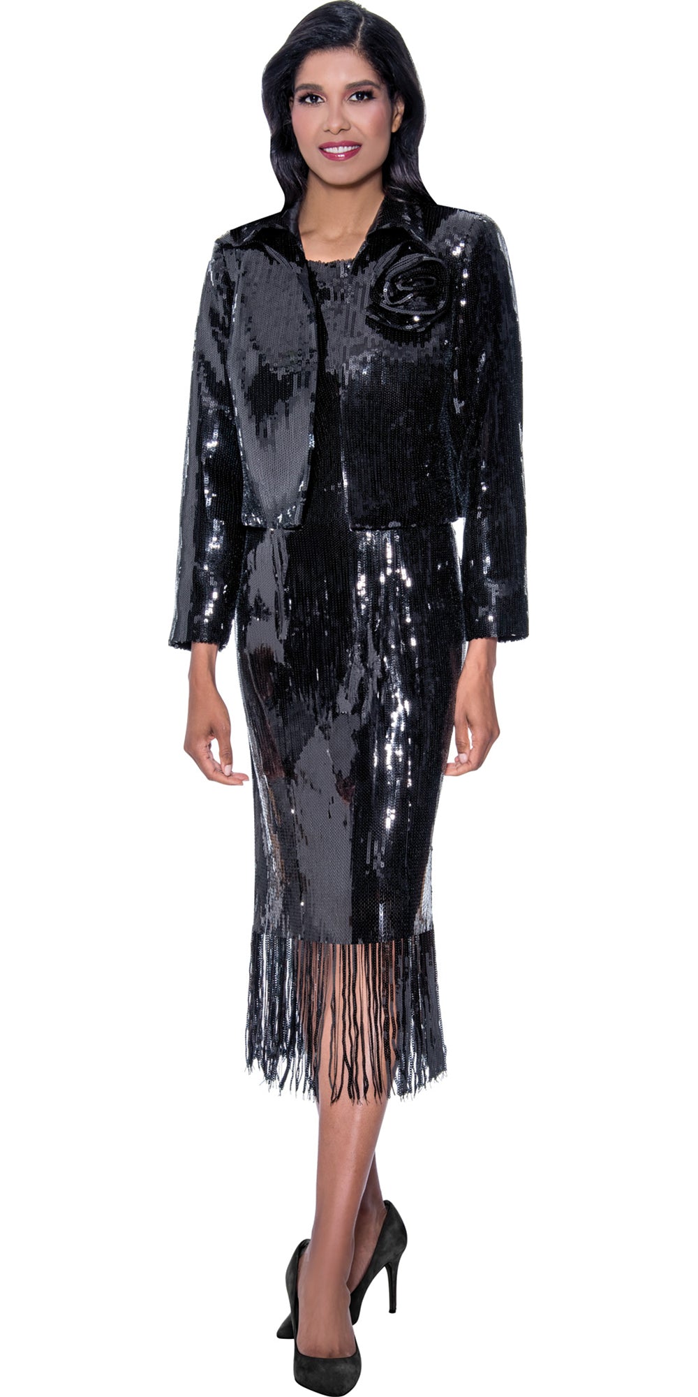 Dorinda Clark Cole 309292 - Black - Fringe Sequin Jacket Dress