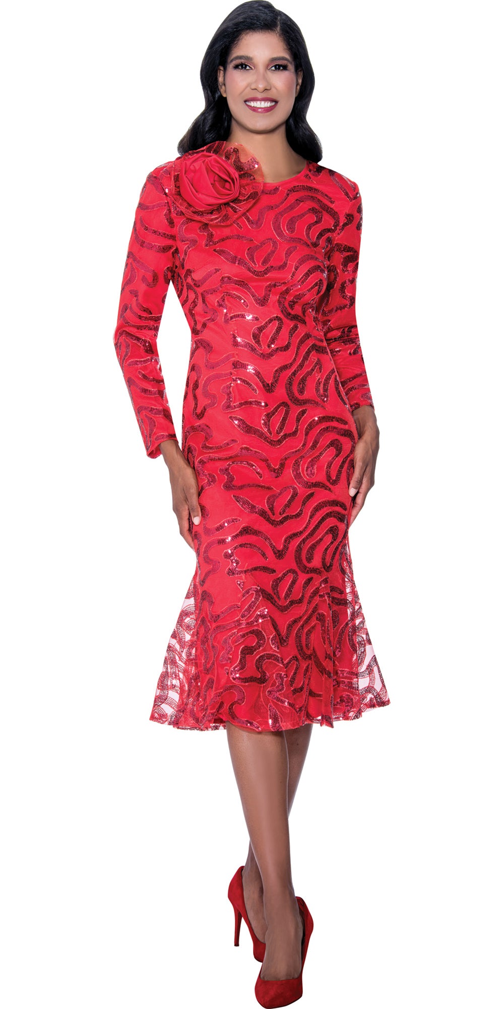 Dorinda Clark Cole 309341 - Red - Rosette Sequin Pattern Dress