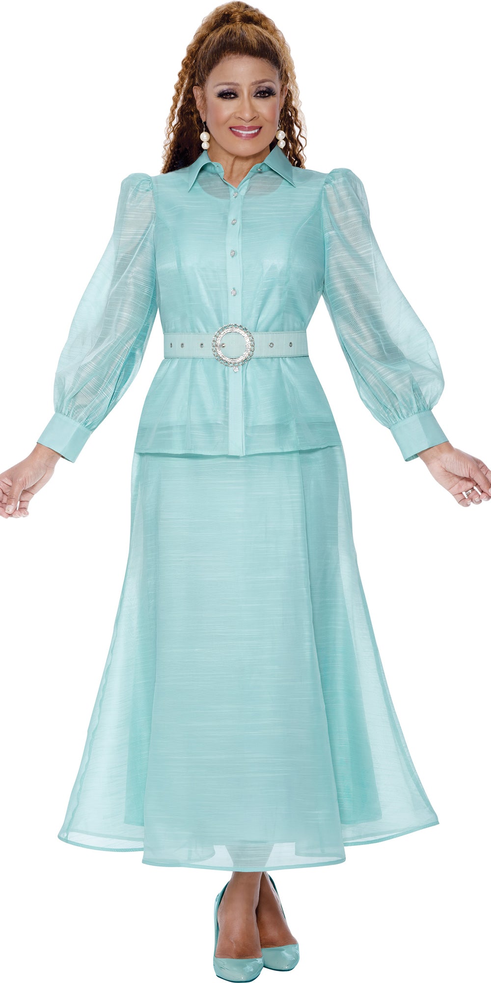 Dorinda Clark Cole 309513 - Sea Foam - Voille Belted Skirt Set