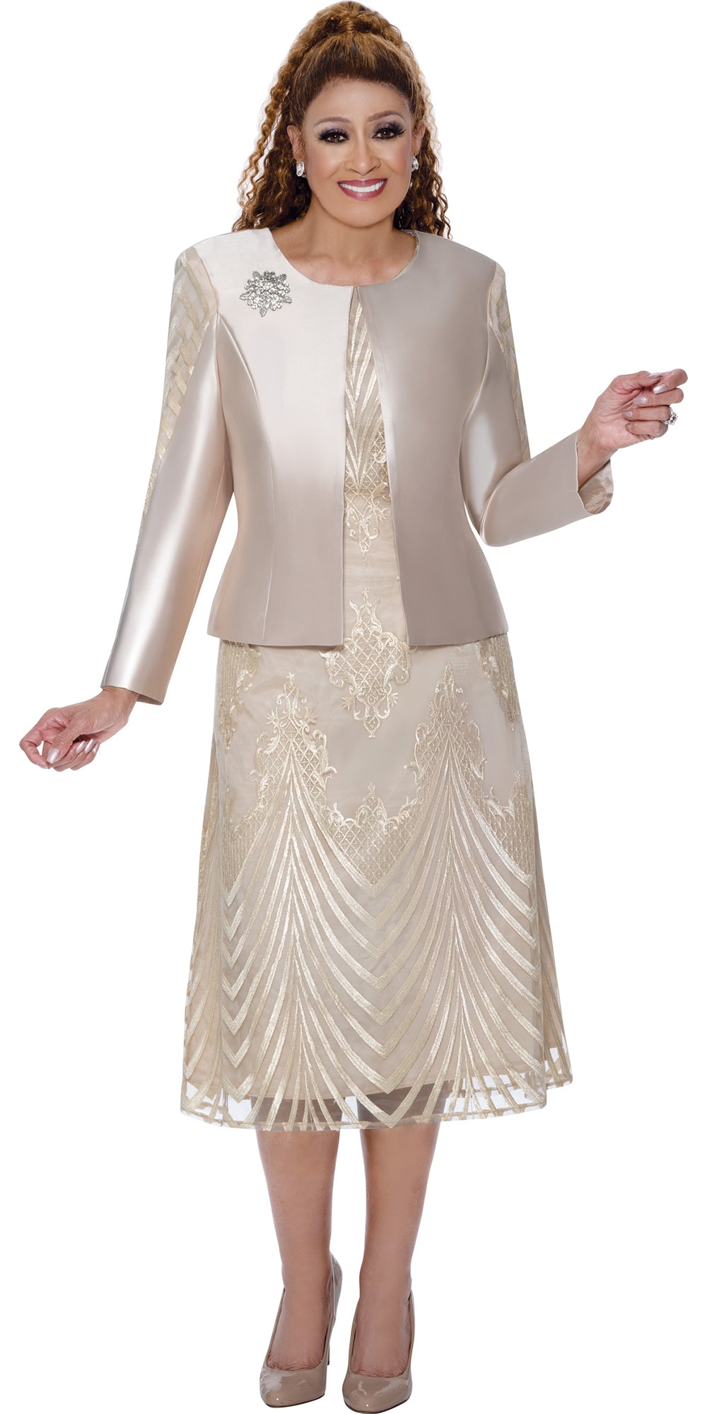 Dorinda Clark Cole 309672 - Champagne - Lace Overlay Jacket Dress