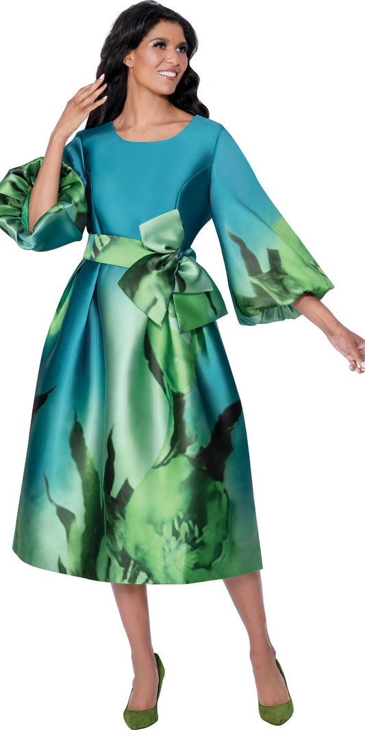 Dresses By Nubiano 100221 - Green - Rose Print Dress