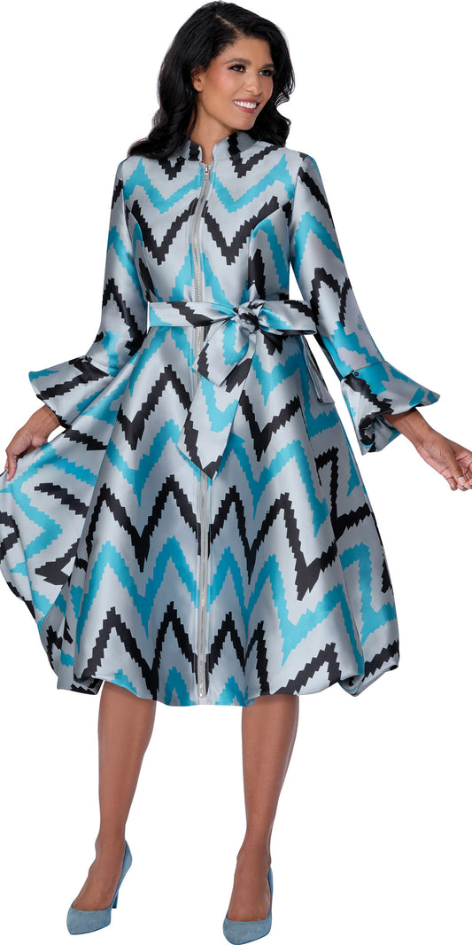 Dresses By Nubiano 100481 - Teal Black - Twill Zipper Sash Belt Dress