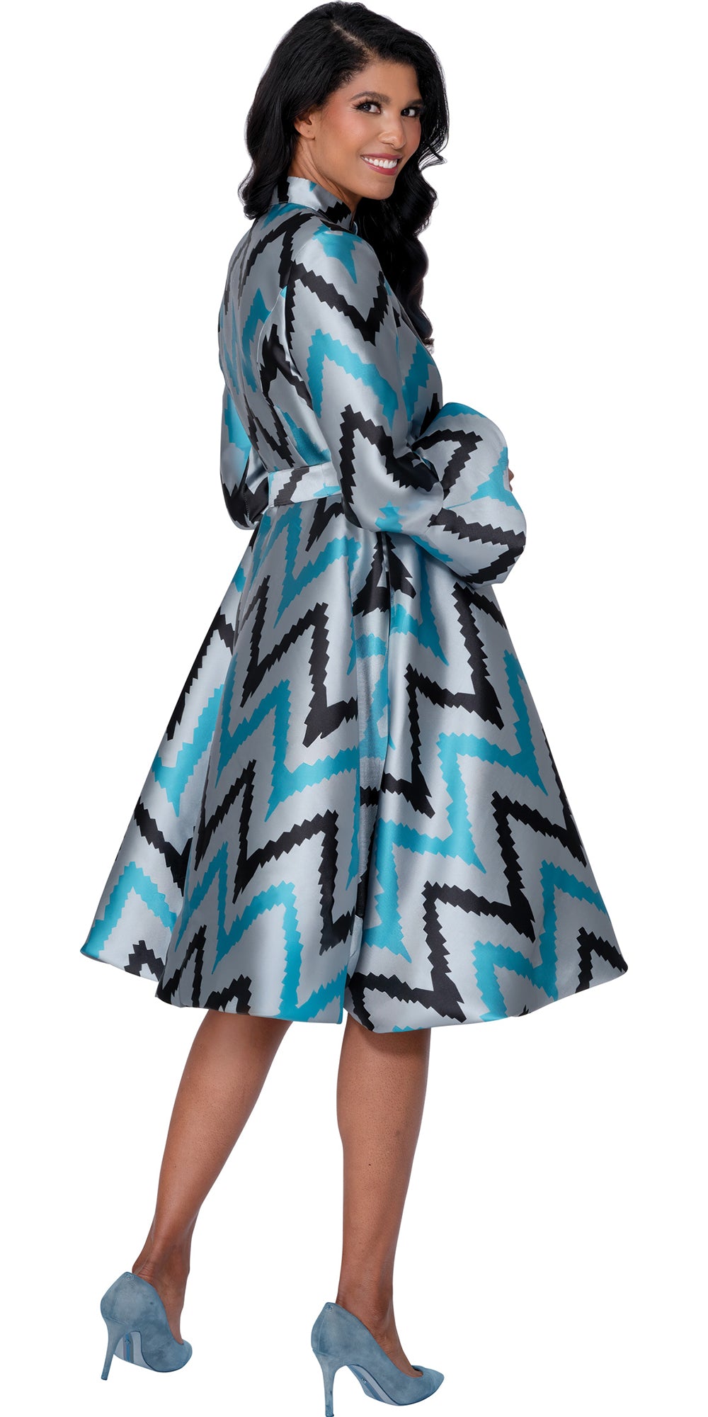 Dresses By Nubiano 100481 - Teal Black - Twill Zipper Sash Belt Dress