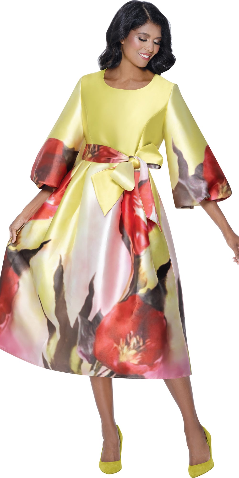 Dresses By Nubiano 100221 - Yellow - Rose Print Dress