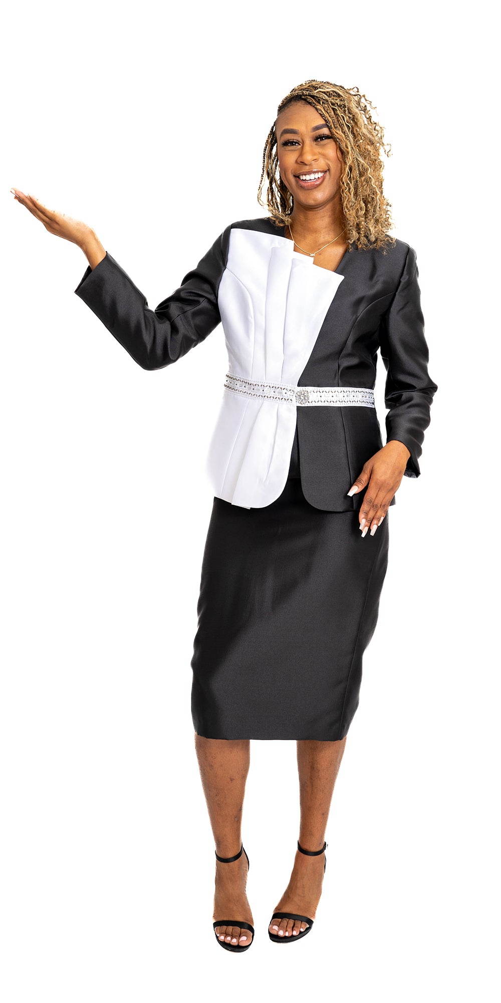 Giovanna G1166 - Black White - Twill Two Tone Skirt Suit with Rhinestone Trim